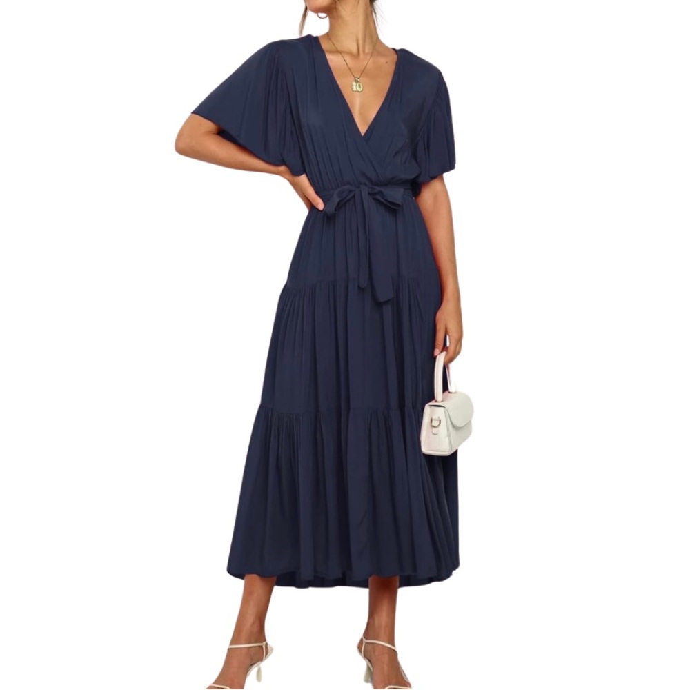 NWOT Navy Blue Flowy Midi Dress | Ruffle Sleeves + Elastic Waist (M) - Picture 2 of 13